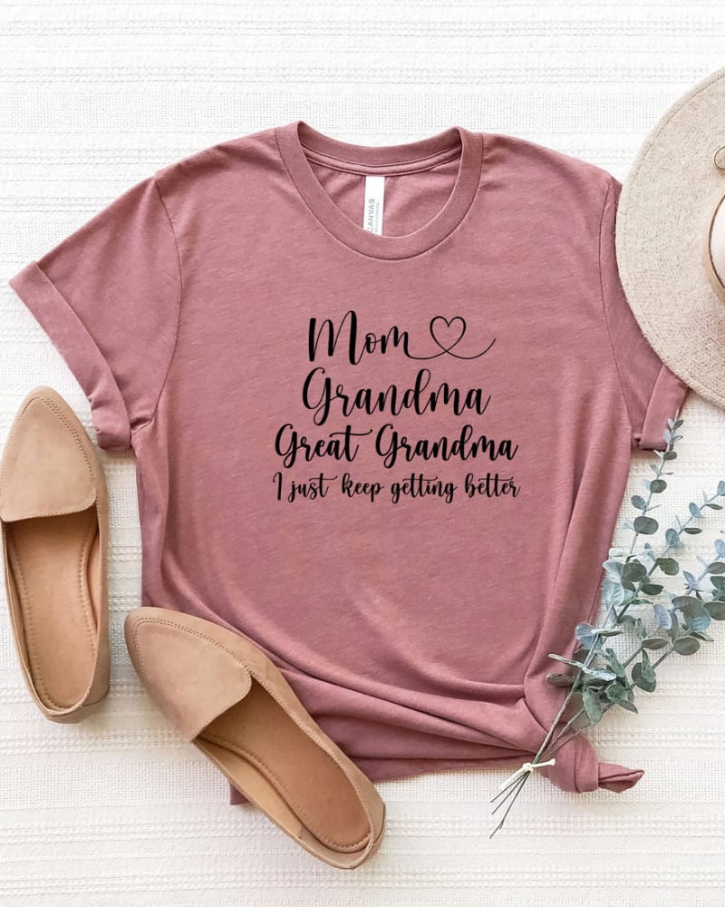 Front of a model wearing a size XL Great Grandma Trio Short Sleeve Graphic Tee in Mauve by Simply Sage Market. | dia_product_style_image_id:290765